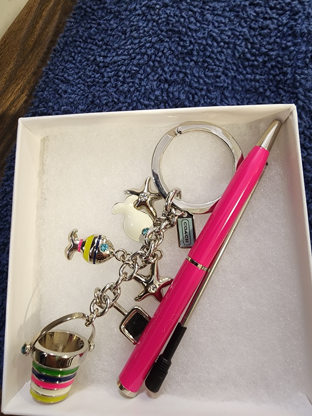 Coach Silver Charm Keyring with Bright Pink Pen